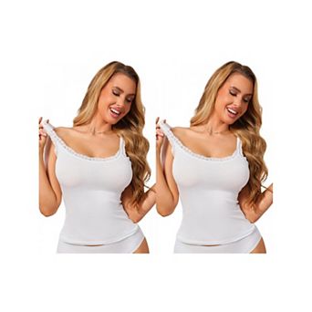 2 Packs Women's Slim-Fit Lace Trim Camisoles Ribbed U Neck Tank Top
