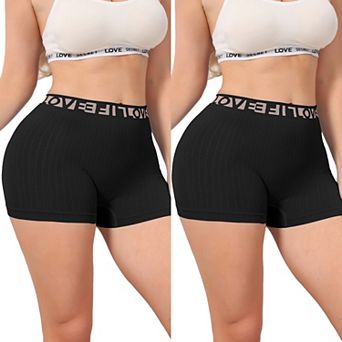 2 Packs Women's High Waisted Boyshorts Seamless Ribbed Letter Waistband Tummy Control Panties