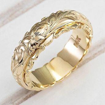 Hawaiian Floral Engraved Band Ring Vintage Carved Flower Wedding Ring