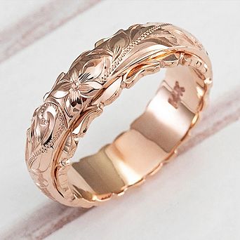 Hawaiian Floral Engraved Band Ring Vintage Carved Flower Wedding Ring