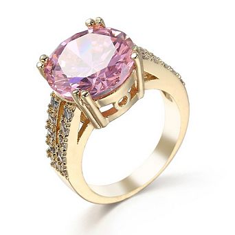 Women's Large Round Pink Cubic Zirconia Statement Ring Gold Tone Split Shank Engagement Ring