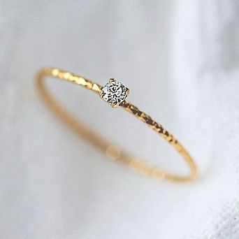 Dainty Hammered Thin Band Ring Solitaire Cubic Zirconia Minimalist Gold‑Tone Stacking Ring for Women