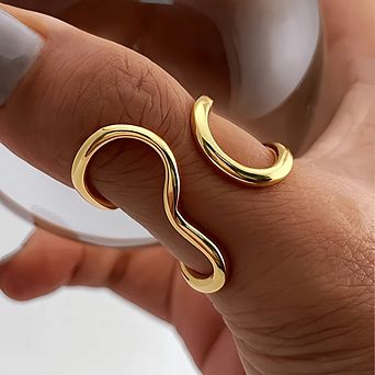 Double Band Wave Open Ring Minimalist Smooth Curved Adjustable Stacking Ring for Women