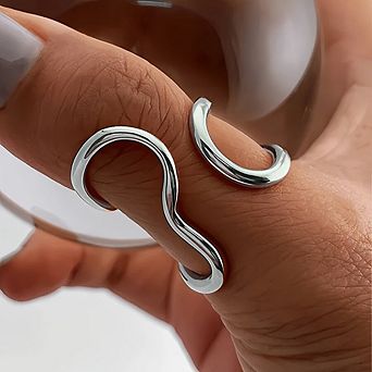 Double Band Wave Open Ring Minimalist Smooth Curved Adjustable Stacking Ring for Women