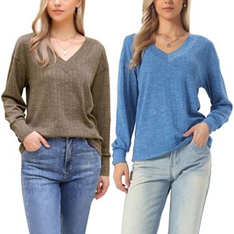 2 Packs Long Sleeve Shirts for Women's V Neck Lightweight Sweater Spring Fall Casual Tunic Tops