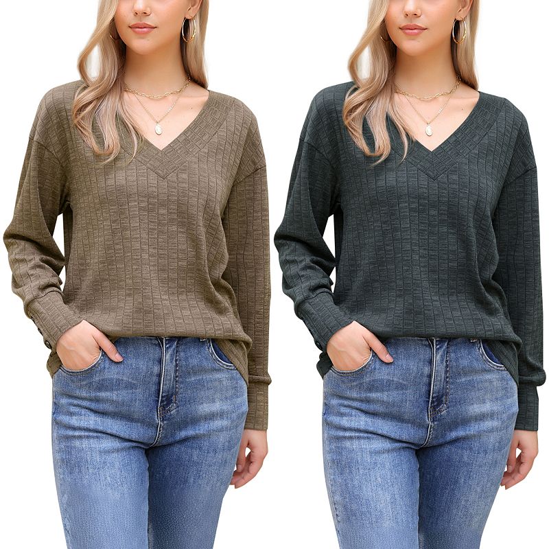 2 Packs Long Sleeve Shirts for Women's V Neck Lightweight Sweater ...
