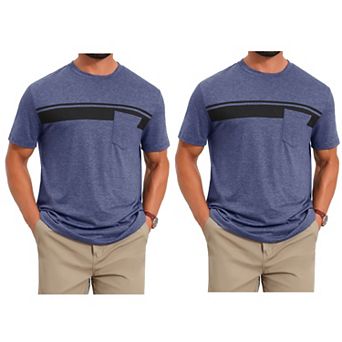 2 Packs Men's Chest Pocket T-Shirt Striped Print Crew Neck Short Sleeve T-Shirt