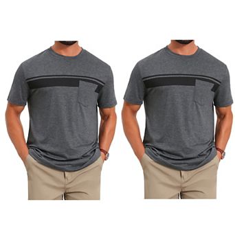 2 Packs Men's Chest Pocket T-Shirt Striped Print Crew Neck Short Sleeve T-Shirt