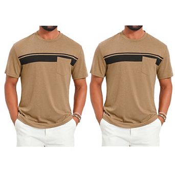 2 Packs Men's Chest Pocket T-Shirt Striped Print Crew Neck Short Sleeve T-Shirt
