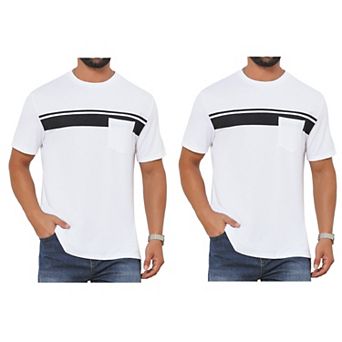 2 Packs Men's Chest Pocket T-Shirt Striped Print Crew Neck Short Sleeve T-Shirt