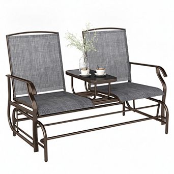 Two Seat Outdoor Glider Swing with Center Table and Breathable Sling for Backyard Porch