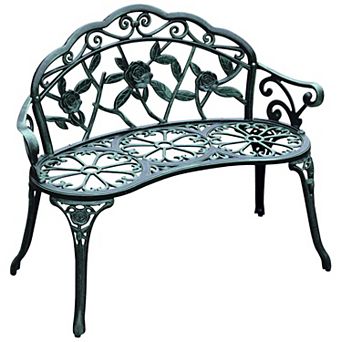 Cast Aluminum Outdoor Patio Bench with Floral Rose Accent and Antique Finish Seats Two
