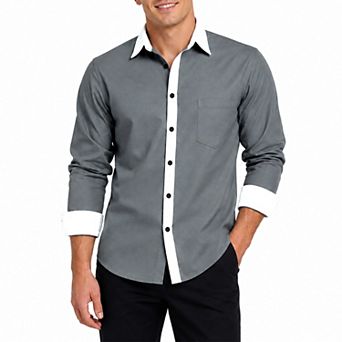 Men's Casual Long Sleeve Shirt Jacquard Contrast Button Down Shirt