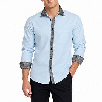 Men's Casual Long Sleeve Shirt Jacquard Contrast Button Down Shirt