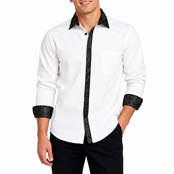 Men's Casual Long Sleeve Shirt Jacquard Contrast Button Down Shirt