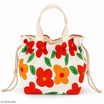 Printed Drawstring Lunch Tote with Top Handles