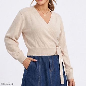 Womens Wrap Front V Neck Side Tie Long Sleeve Knit Sweater