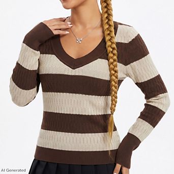 Womens V Neck Striped Cable Knit Long Sleeve Sweater