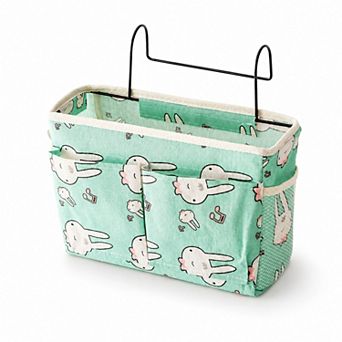 Hanging Bedside Storage Caddy Bunny Print Organizer with Hooks and Multiple Pockets