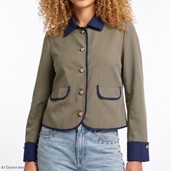 Womens Contrast Trim Button Front Collared Jacket