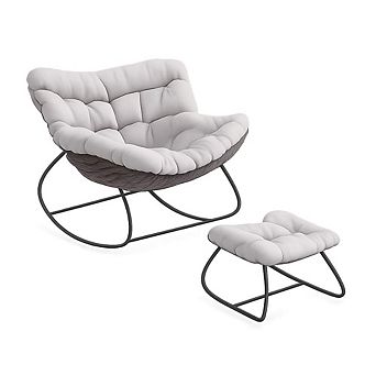 WOW PIONEER All-Weather Wicker Egg Rocking Chair with Ottoman and Cushions
