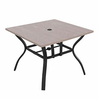 WOW PIONEER Square Industrial Farmhouse Table with Umbrella Hole for Indoor Outdoor Use