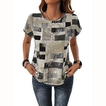 Women Round Neck Short Sleeve Top, Abstract Geometric Print Casual Loose Fit Blouse Tee