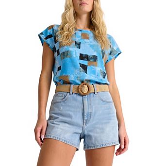 Women Round Neck Short Sleeve Top, Abstract Geometric Print Casual Loose Fit Blouse Tee