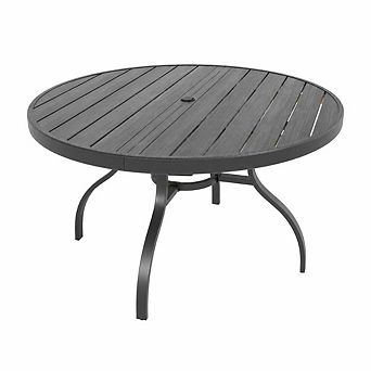 WOW PIONEER Round Faux Wood Outdoor Dining Patio Table with Umbrella Hole