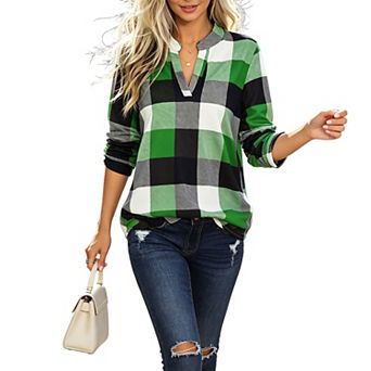 Women Plaid Long Sleeve Henley Shirt Stand Collar Roll‑Tab Cuffs Casual Blouse Top