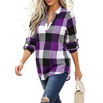 Women Plaid Long Sleeve Henley Shirt Stand Collar Roll‑Tab Cuffs Casual Blouse Top