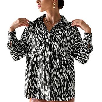 Women Abstract Printed Satin Button Down Shirt, Long Sleeve Collared Blouse with Curved Hem