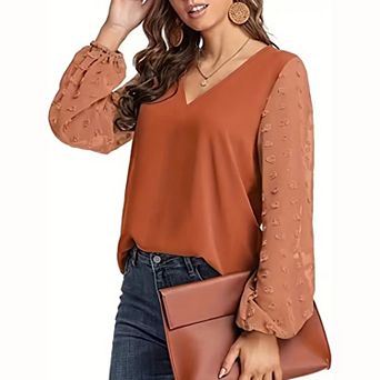 Women V‑Neck Long Sleeve Blouse, Swiss Dot Mesh Lantern Sleeve Casual Dressy Top