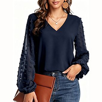 Women V‑Neck Long Sleeve Blouse, Swiss Dot Mesh Lantern Sleeve Casual Dressy Top