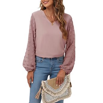 Women V‑Neck Long Sleeve Blouse, Swiss Dot Mesh Lantern Sleeve Casual Dressy Top