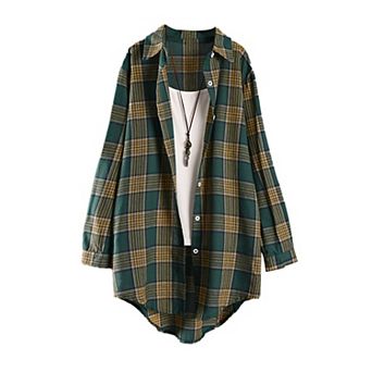 Women Plaid Collared Long Shirt, Roll‑Tab Long Sleeve Oversized Tunic Blouse High‑Low Hem