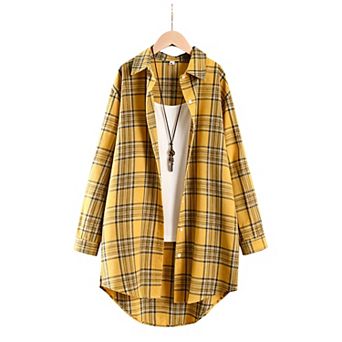 Women Plaid Collared Long Shirt, Roll‑Tab Long Sleeve Oversized Tunic Blouse High‑Low Hem
