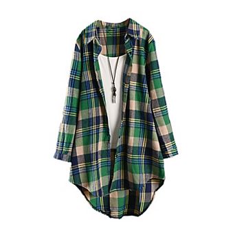 Women Plaid Flannel Long Shirt, Roll‑Tab Long Sleeve Tunic Blouse with High‑Low Curved Hem