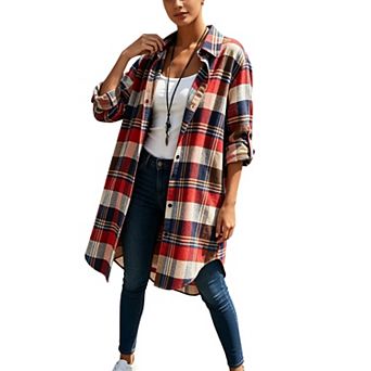 Women Plaid Flannel Long Shirt, Roll‑Tab Long Sleeve Tunic Blouse with High‑Low Curved Hem