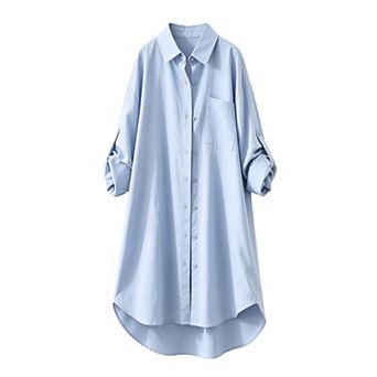 Women Collared Long Shirt, Roll‑Tab Long Sleeve Oversized Tunic Blouse with Chest Pocket
