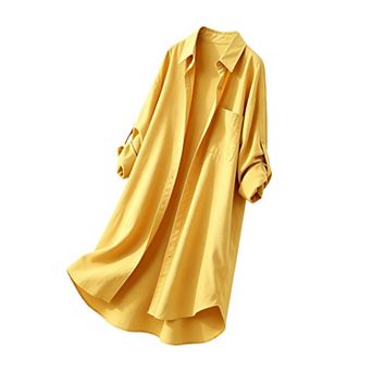Women Collared Long Shirt, Roll‑Tab Long Sleeve Oversized Tunic Blouse with Chest Pocket