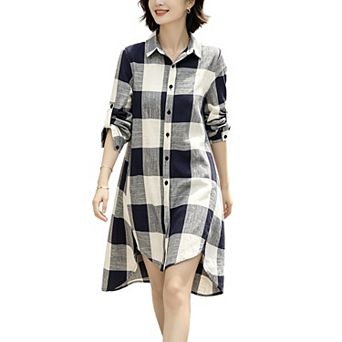 Women Long Length Button Down Shirt, Collared Roll‑Tab Long Sleeve Plaid Tunic Blouse