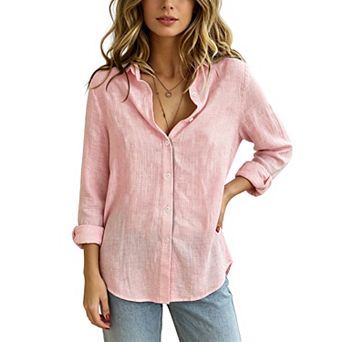 Women Collared Long Sleeve Button Down Shirt Textured Linen Blend Casual Loose Blouse Top