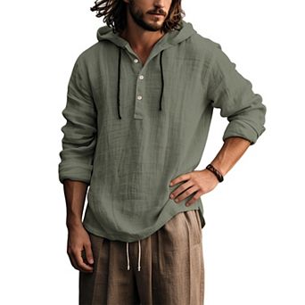 Men Long Sleeve Hooded Henley Shirt Textured Linen Blend Casual Drawstring Hoodie Top