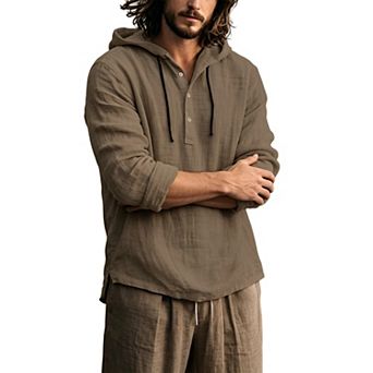 Men Long Sleeve Hooded Henley Shirt Textured Linen Blend Casual Drawstring Hoodie Top