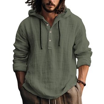 Men Hooded Henley Shirt Textured Woven Long Sleeve Casual Drawstring Hood Pullover Tops