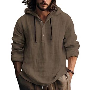 Men Hooded Henley Shirt Textured Woven Long Sleeve Casual Drawstring Hood Pullover Tops