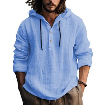 Men Hooded Henley Shirt Textured Woven Long Sleeve Casual Drawstring Hood Pullover Tops