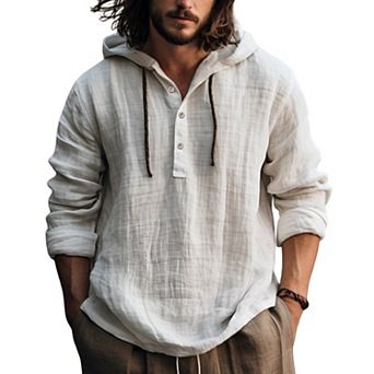 Men Hooded Henley Shirt Textured Woven Long Sleeve Casual Drawstring Hood Pullover Tops