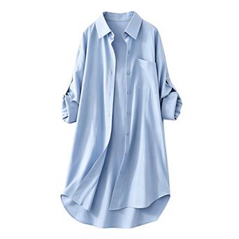 Women Collared Longline Tunic Shirt Roll Tab Sleeve Patch Pocket Loose Button Down Blouse
